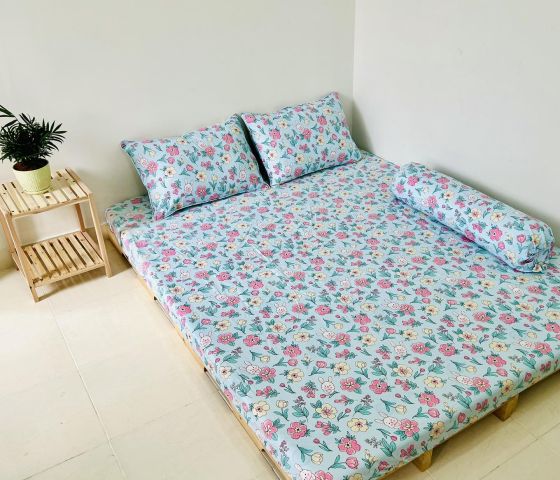 Set ga chun trải giường thỏ hoa xanh + vỏ ôm + vỏ nằm